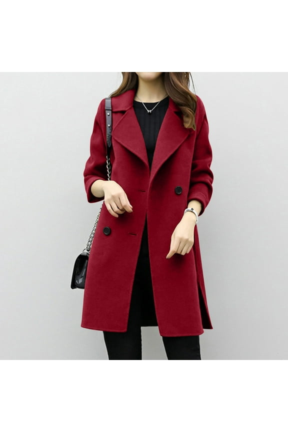 Women's Peacoats, Buttons Wool Lapel Collar Mid Length Fall Outerwear Red Size L