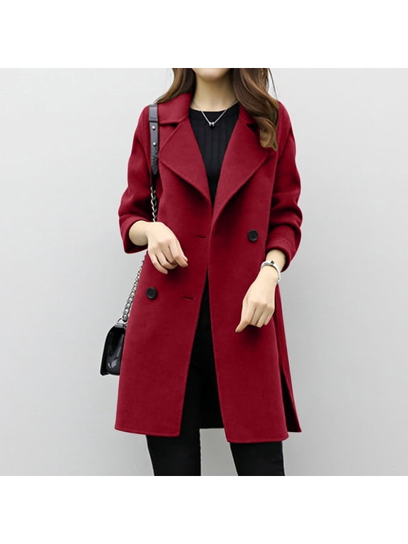 Women's Peacoats, Lapel Collar Wool Buttons Mid Length Fall Outerwear Red Size XL