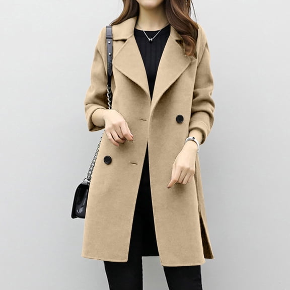 Fnooota Women's Peacoats, Mid Length Buttons Lapel Collar Wool Fall Outerwear Khaki Size M