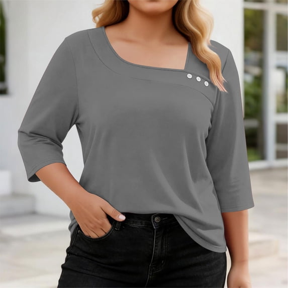 Fnooota Women's Plus Size T-shirts, Asymmetrical Neck Casual Summer Classic 3/4 Sleeve Tops Gray Size XL