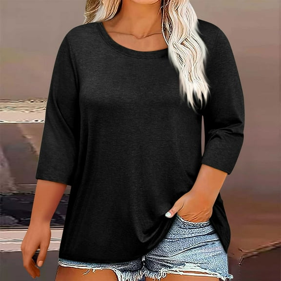 Fnooota Women's Plus Size T-shirts, Casual Crewneck Loose Fit Workout 3/4 Sleeve Tops Black Size L
