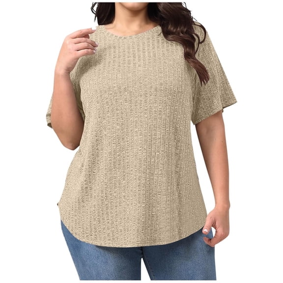 Fnooota Women's Plus Size T-shirts, Casual Short Sleeve Knitted Loose Fit Summer Tops Khaki Size 3XL