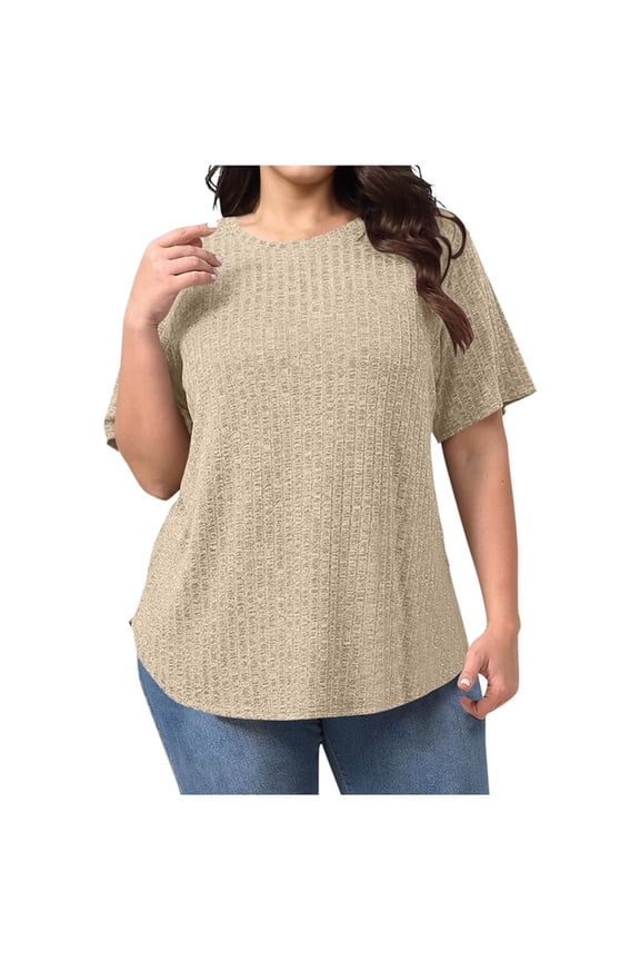 Women's Plus Size T-shirts, Loose Fit Short Sleeve Casual Knitted Summer Tops Khaki Size XL-5XL