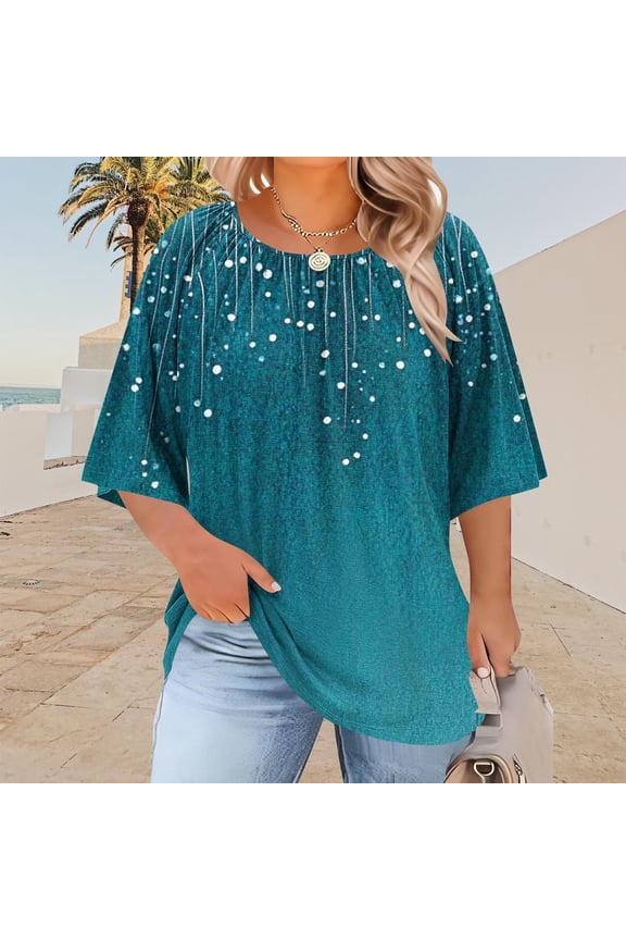 Women's Plus Size T-shirts, Pleated Front Casual Loose Fit Short Sleeve Summer Tops Sky Blue Size L-4XL