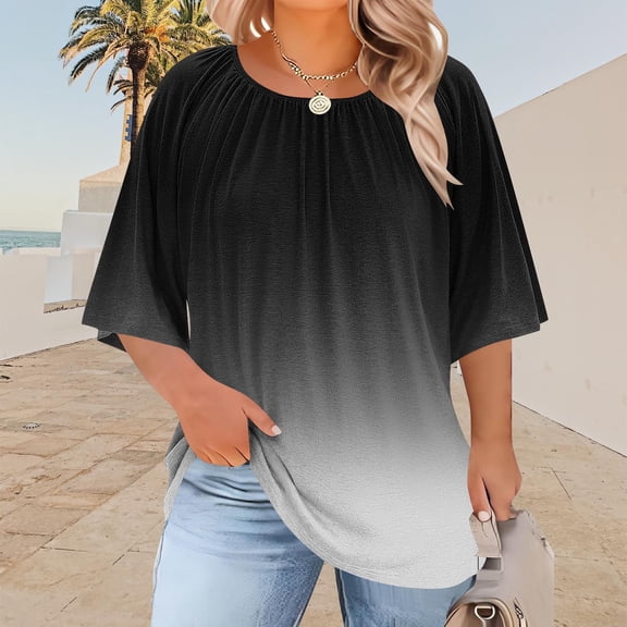 Fnooota Women's Plus Size T-shirts, Short Sleeve Pleated Front Fashion Loose Fit Summer Tops Black Size 4XL
