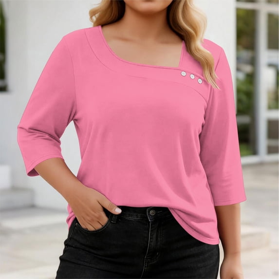 Fnooota Women's Plus Size T-shirts, Summer Casual Classic Asymmetrical Neck 3/4 Sleeve Tops Pink Size 2XL