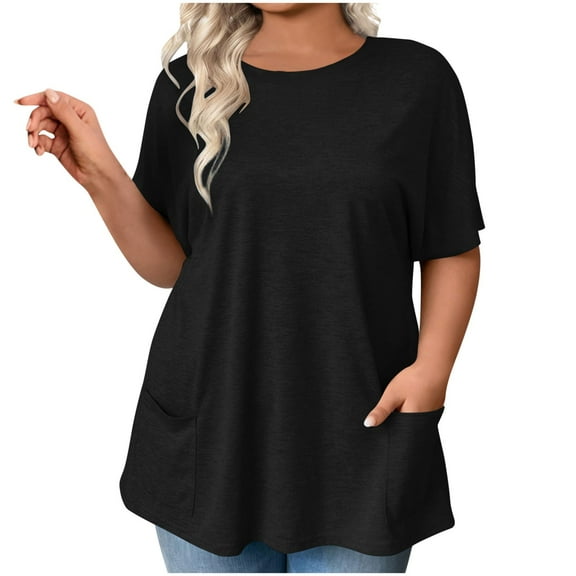 Fnooota Women's Plus Size T-shirts with Pockets, Loose Fit Casual Summer Crewneck Short Sleeve Tops Black Size XL