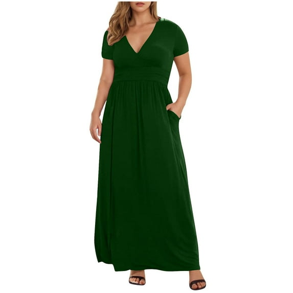 Fnooota Women's Plus Size V Neck Dresses, Summer 2025 Holiday Maxi Dresses Casual Dresses Army Green Size L