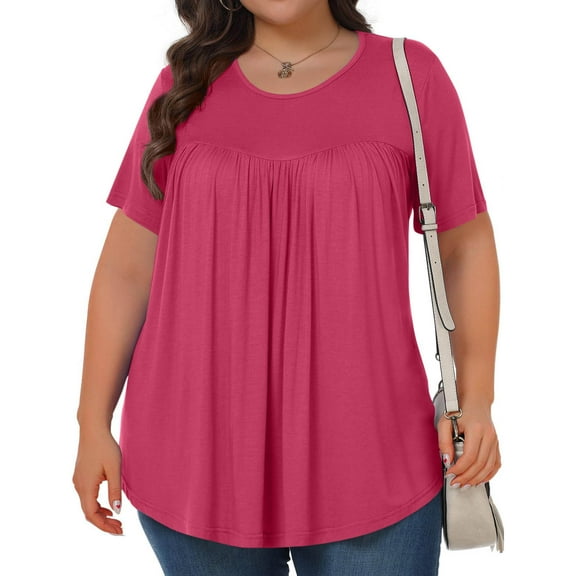 Fnooota Women's Plus T-shirts, Loose Summer Pleated Front Crew Neck Short Sleeve Tops Pink Size L
