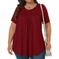 thumbnail image 1 of Fnooota Women's Plus T-shirts, Summer Crew Neck Pleated Front Loose Short Sleeve Tops Wine Size XL, 1 of 7