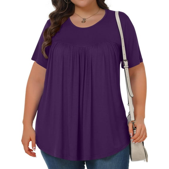 Fnooota Women's Plus T-shirts, Summer Loose Crew Neck Pleated Front Short Sleeve Tops Purple Size 5XL