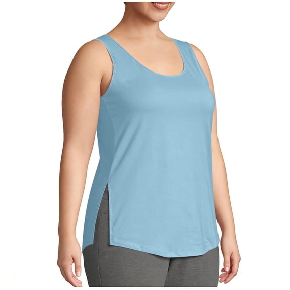 Fnooota Women's Plus-size Tank Tops, Side Slit Sleeveless Summer Crew Neck Workout Tops Light Blue Size 2XL