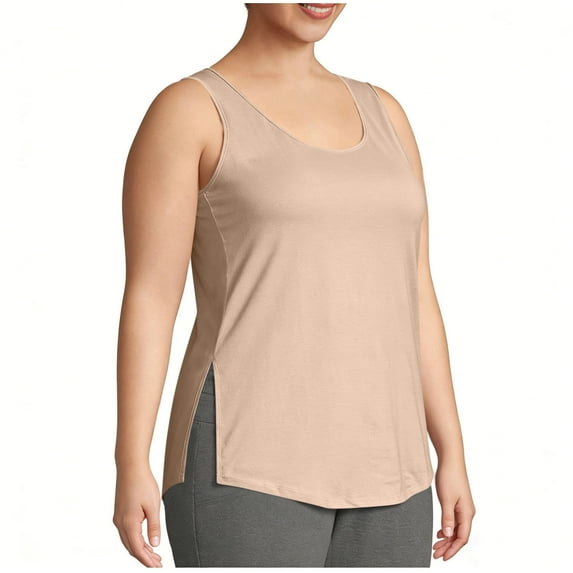 Fnooota Women's Plus-size Tank Tops, Sleeveless Crew Neck Summer Side Slit Workout Tops Beige Size L-5XL