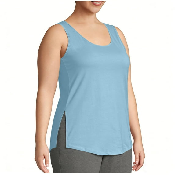 Fnooota Women's Plus-size Tank Tops, Sleeveless Crew Neck Summer Side Slit Workout Tops Light Blue Size 1XL