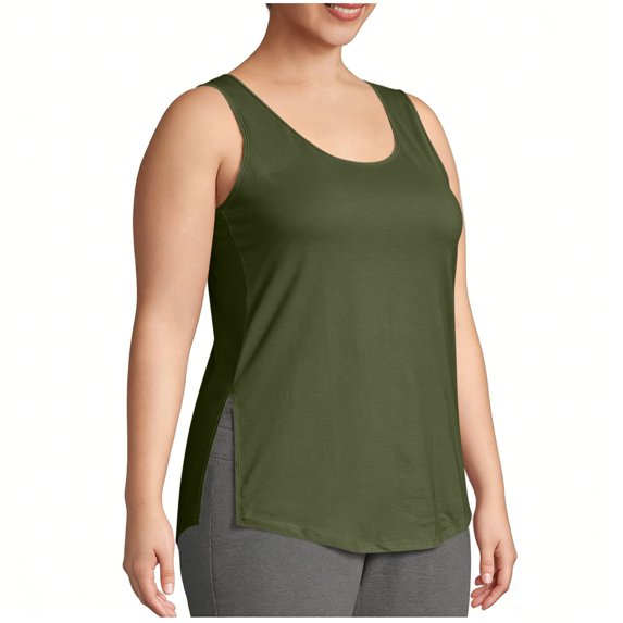 Fnooota Women's Plus-size Tank Tops, Summer Side Slit Crew Neck Sleeveless Workout Tops Army Green Size 1XL