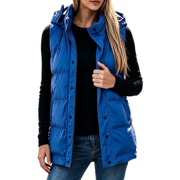 Fnooota Women's Puffer Vests, Hooded Full Zip Warm Sleeveles Winter Coats with Pockets Blue Size S