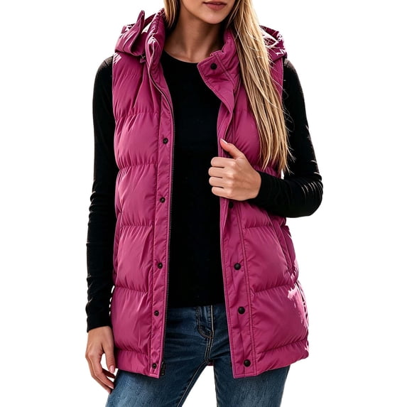 Fnooota Women's Puffer Vests, Sleeveles Hooded Warm Full Zip Winter Coats with Pockets Hot Pink Size XL