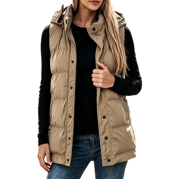 Fnooota Women's Puffer Vests, Warm Full Zip Sleeveles Hooded Winter Coats with Pockets Khaki Size XL