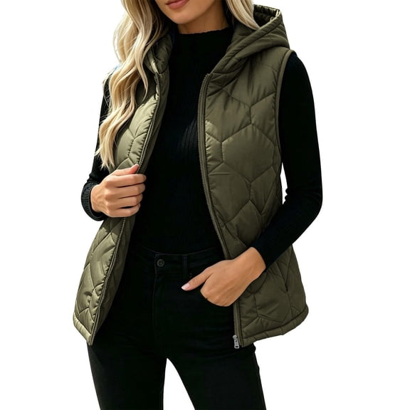 Fnooota Women's Puffer Vests with Hood, Full Zip Lightweight Sleeveless Warm Winter Outerwear Army Green Size L