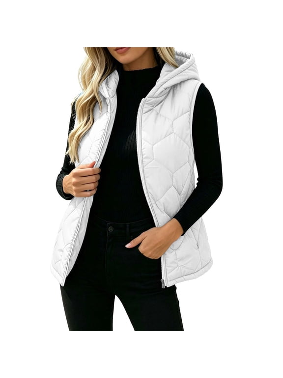 Women's Puffer Vests with Hood, Lightweight Sleeveless Warm Full Zip Winter Outerwear White Size M