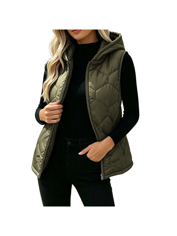 Women's Puffer Vests with Hood, Sleeveless Warm Full Zip Lightweight Winter Outerwear Army Green Size XL