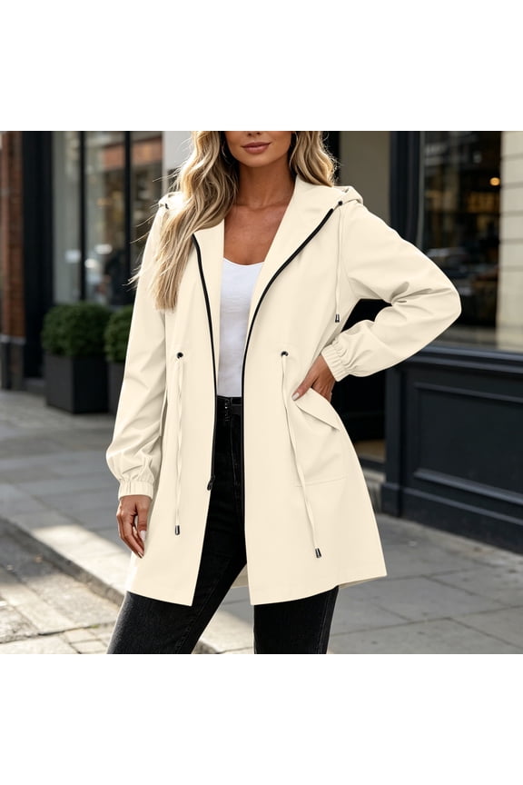 Women's Rain Jackets&nbsp;, Zip up Mid-length Waterproof Outdoor Windbreaker Raincoats with Hood Beige Size XL