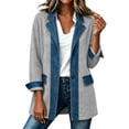 thumbnail image 1 of Fnooota Women's Shackets, Button Front Casual Collared Long Sleeve Denim Patchwork Ribbed Knit Shirt Jacket Gray Size L, 1 of 7