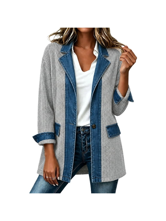 Women's Shackets, Button Front Casual Collared Long Sleeve Denim Patchwork Ribbed Knit Shirt Jacket Gray Size L