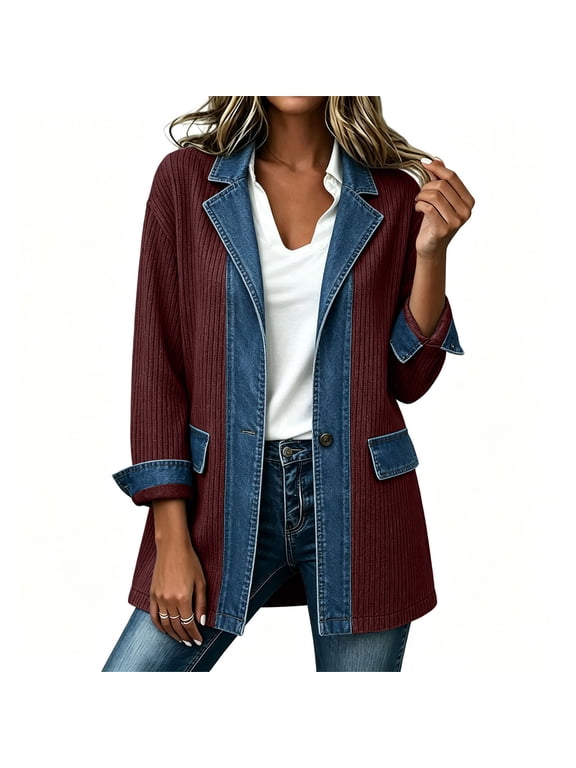 Women's Shackets, Long Sleeve Button Front Collared Casual Denim Patchwork Ribbed Knit Shirt Jacket Wine Size L
