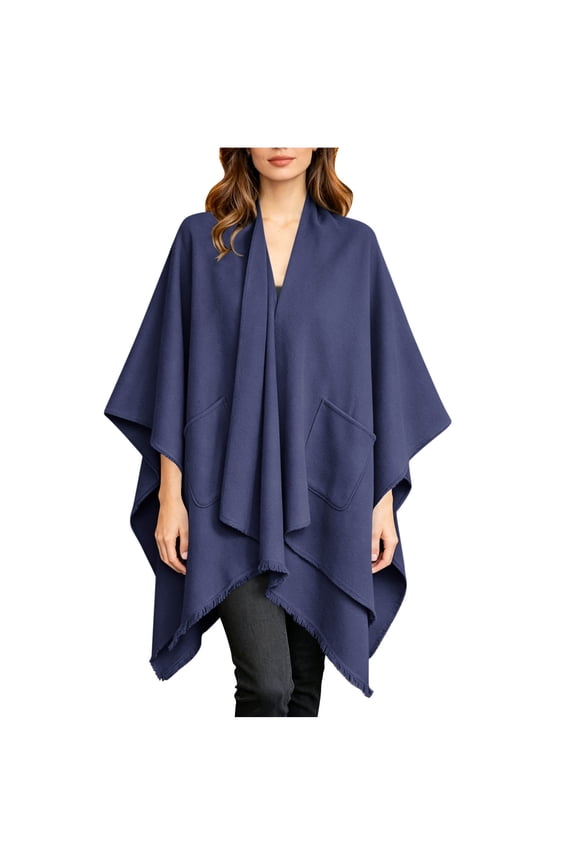 Women's Shawl Wraps with Pockets, Elegant Open Front Fall Winter Fringe Trim Fashion Ponchos Womens Outwear Navy Size Free Size
