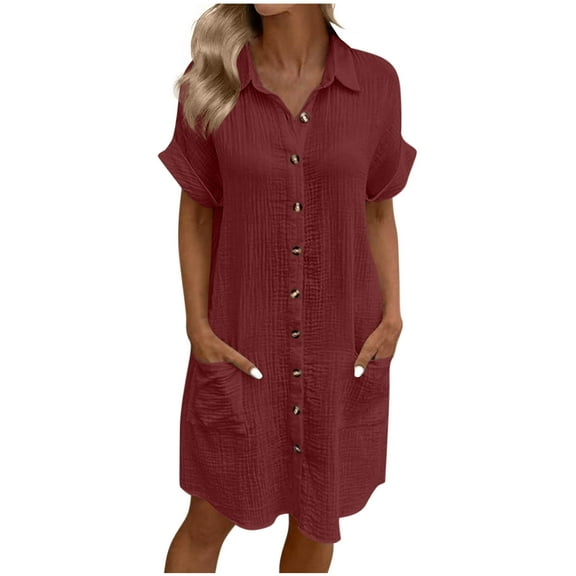 Fnooota Women's Shirt Dresses, Casual Summer Short Sleeve Collared Midi Dresses with Pockets Wine Size 2XL