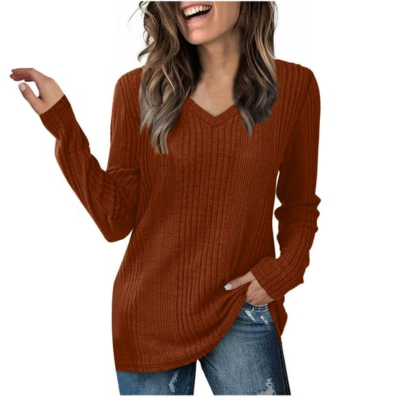 Fnooota Women's Sweatshirt, Loose Casual Crew Neck Long Sleeve Knitted Plus Size Brown ,S
