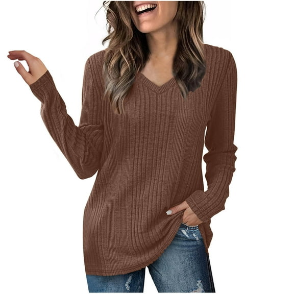 Fnooota Women's Sweatshirt, Loose Casual Knitted Crew Neck Long Sleeve Plus Size Coffee ,M