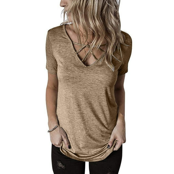 Fnooota Women's T Shirts, Solid Color Casual V Neck Short Sleeve Summer Blouses Tops Khaki Size 2XL