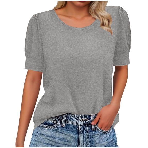 Fnooota Women's T-shirts, Casual Pleated Sleeve Summer Crew Neck Short Sleeve Tops Gray Size XL