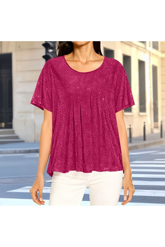 Women's T-shirts, Summer Loose Fit Crew Neck Pleated Front Short Sleeve Tops Hot Pink Size 2XL