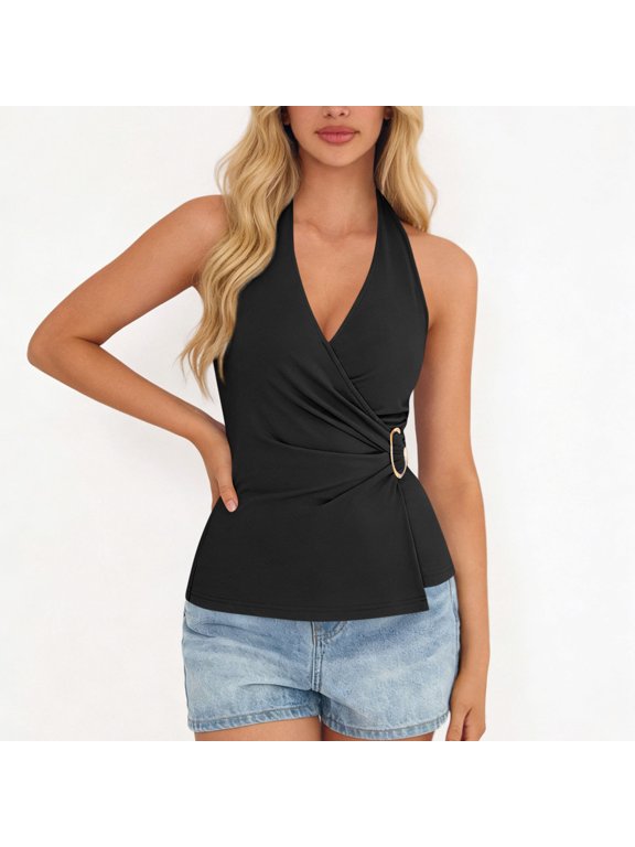 Women's Tank Tops, Backless Slim Fit V Neck Summer Sleeveless T-shirts Black Size M