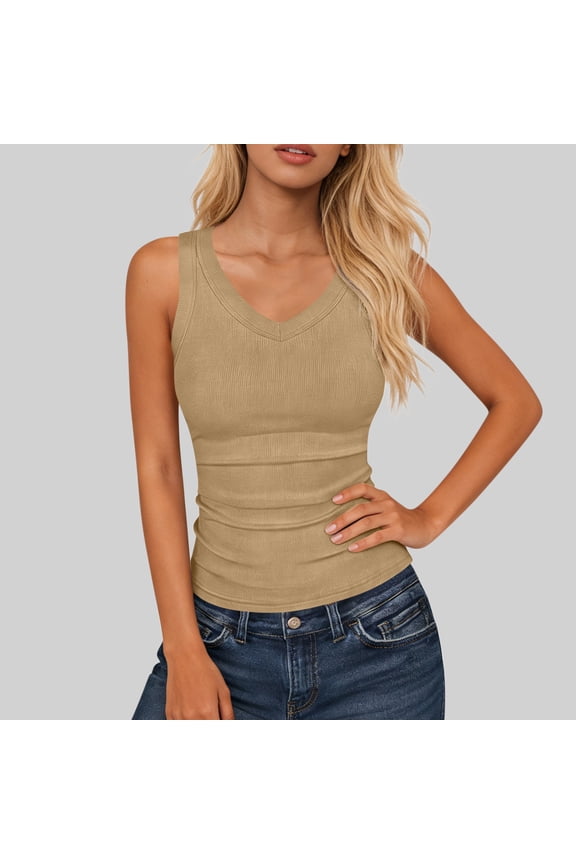 Women's Tank Tops, Summer V Neck Slim Fit Knitted Sleeveless T-shirts Khaki Size S-2XL
