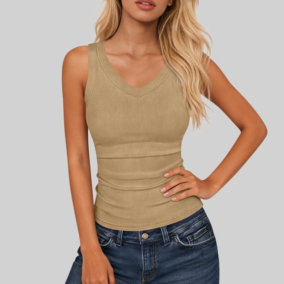 Fnooota Women's Tank Tops, Summer V Neck Slim Fit Knitted Sleeveless T-shirts Khaki Size S-2XL