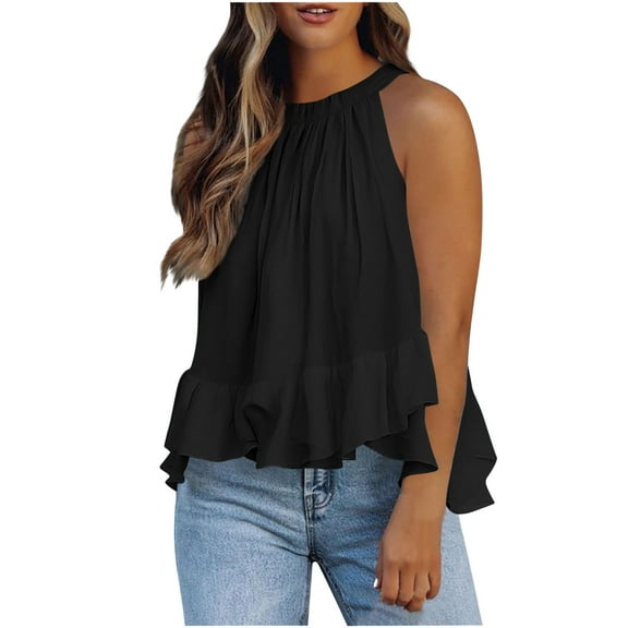 Fnooota Women's Tank Tops with Ruffled, Off Shoulder Sleeveless Vacation Loose Summer Tops Black Size XL