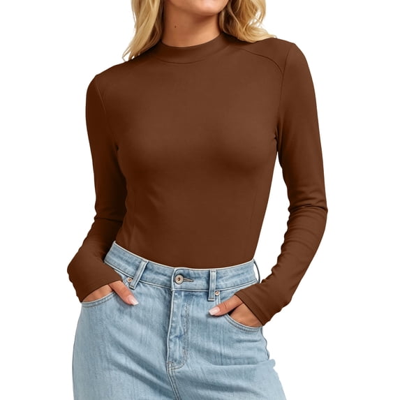 Fnooota Women's Thermal Tops, Stretchy Long Sleeve Slim Fit Mock Neck Layering Undershirts Brown Size L