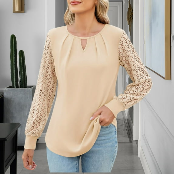 Fnooota Women's Tops 2025, Casual Lace Long Sleeve Crew Neck Pullover Shirts Beige Size XL