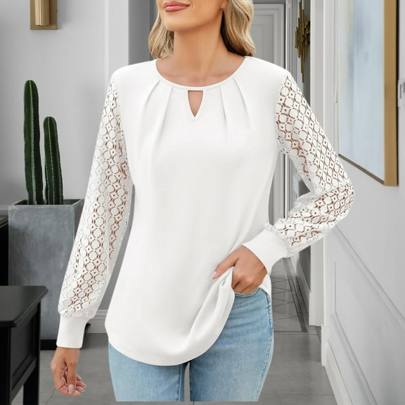 Fnooota Women's Tops 2025, Crew Neck Long Sleeve Lace Casual Pullover Shirts White Size 2XL
