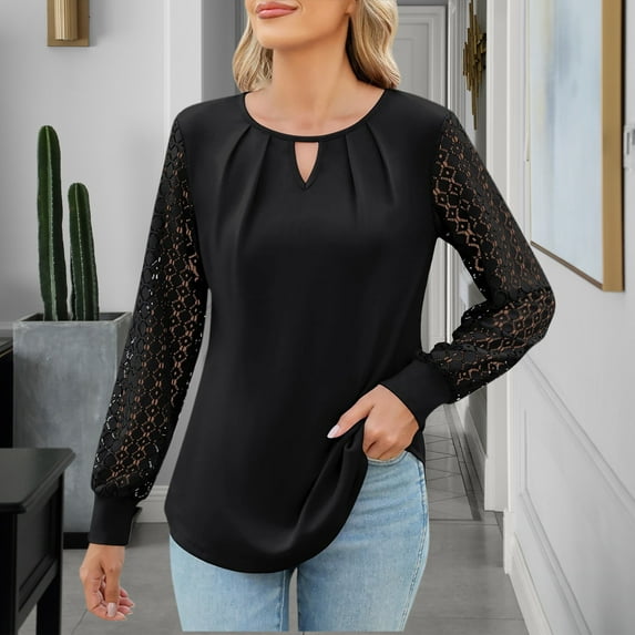 Fnooota Women's Tops 2025, Long Sleeve Lace Crew Neck Casual Pullover Shirts Black Size L