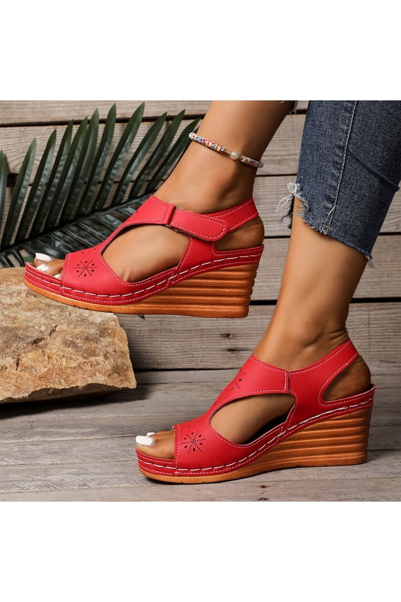 Women's Wedge Sandals, Ankle Strap Non-slip Daily Open Toe Summer Shoes Red Size 8.5