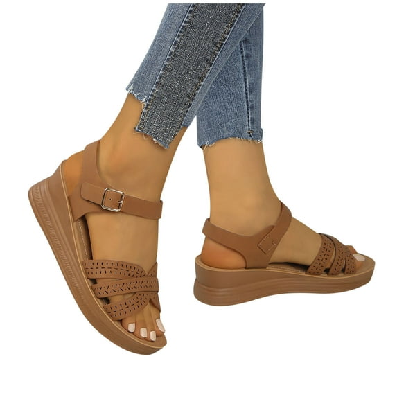 Fnooota Women's Wedge Sandals, Platform Ankle Strap Party Open Toe Summer Shoes Brown Size 8.5