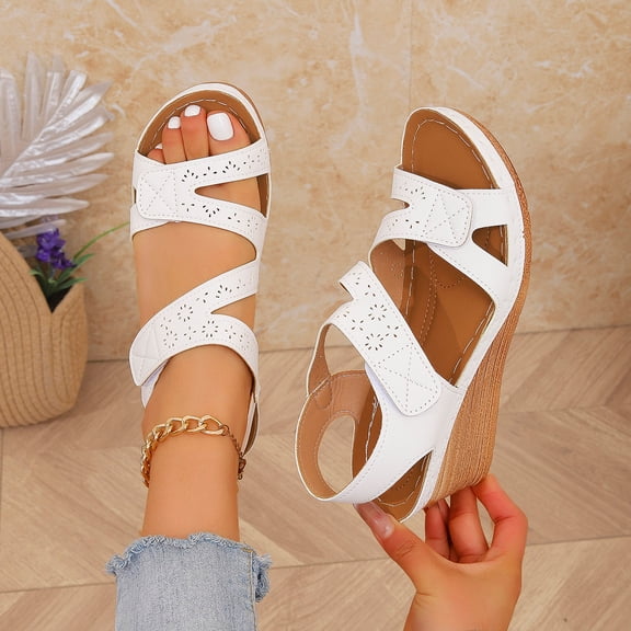 Fnooota Women's Wedge Sandals, Summer Non-slip Open Toe Ankle Strap Chunky Sandals White Size 6