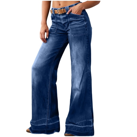 Fnooota Women's Wide Leg Jeans, Casual Mid Rise Stretchy Baggy Denim Pants with Pockets Blue Size 2XL