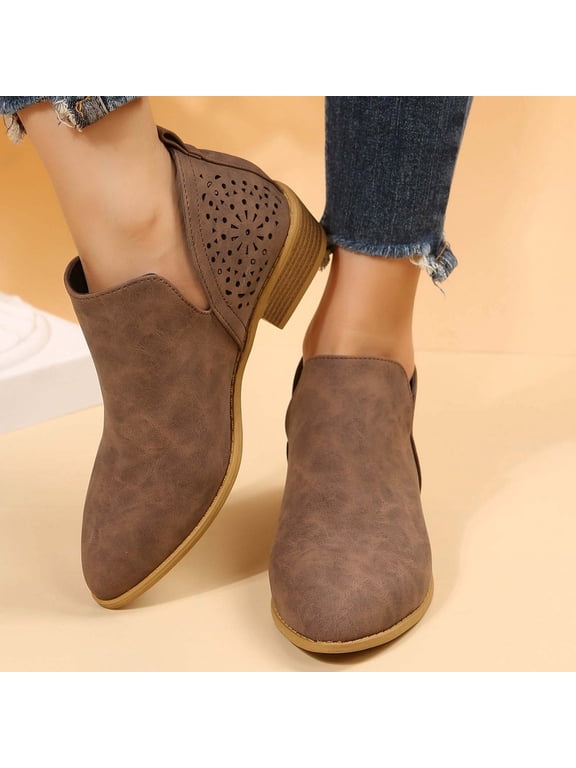 Womens Ankle Boots, Non Slip Slip on Winter Fashion Low Heel Boots Coffee Size 9