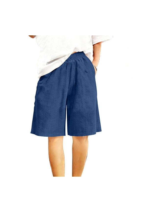 Womens Bermuda Shorts, Casual Knee Length Elastic Waist Summer Cotton Linen Shorts Blue Size M